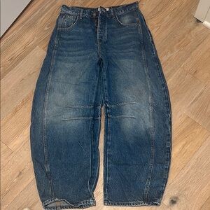 Free People Good Luck Mid Rise Barrel in 27T Blue Relaxed Jeans Vintage-Inspired